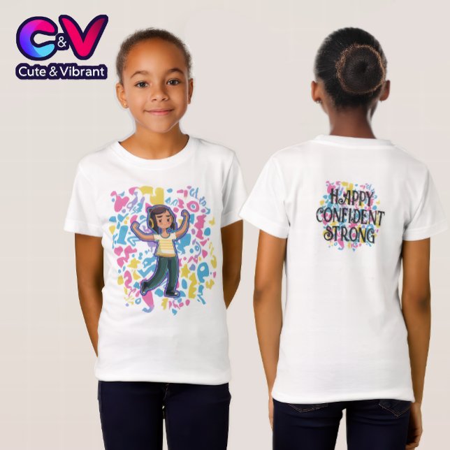 Camiseta Garota com fones de ouvido flexionando confiante e (Criador carregado)