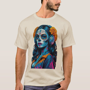 Camiseta Garota Crânio Açucarado com Fones de Ouvido em Gra