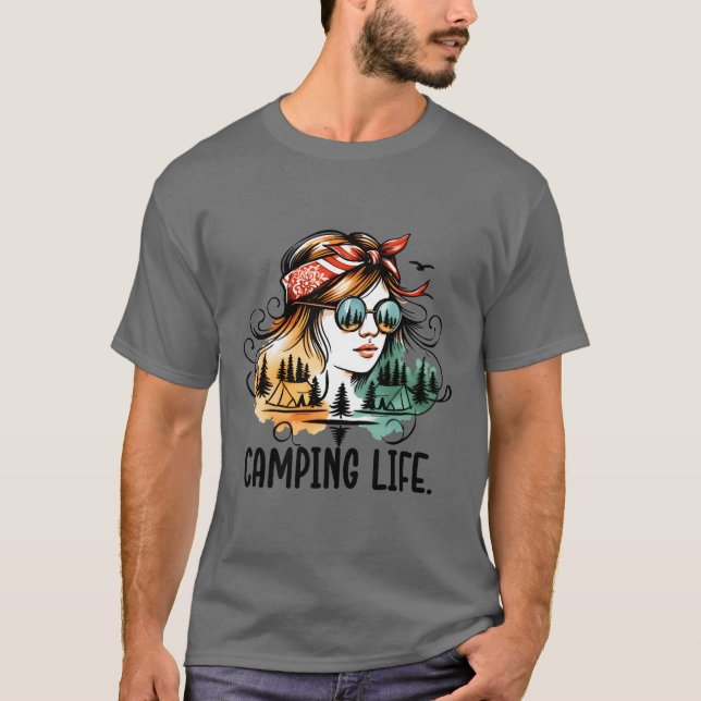 Camiseta Garota da Vida de Camping com Reflexo da Natureza (Frente)