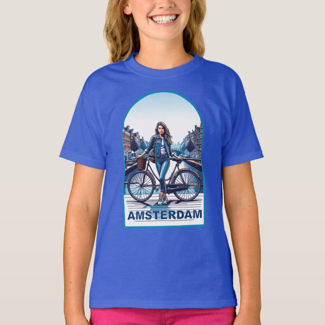 Camiseta Garota de Amsterdã com bicicleta na ponte (Frente)