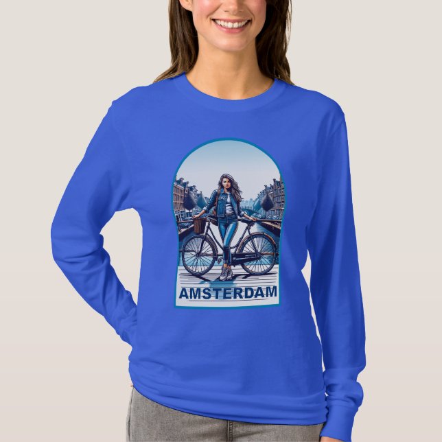 Camiseta Garota de Amsterdã com bicicleta na ponte (Frente)