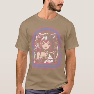 Camiseta Garota de Anime Com Seu Gato Amigos do Anime