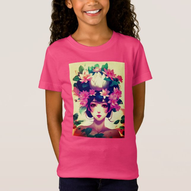 Camiseta Garota de Anime Coroada com Flores de Lótus (Frente)
