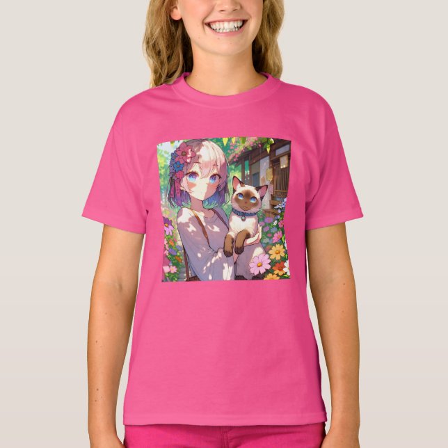 Camiseta Garota de Anime e Gato Siamês (Frente)