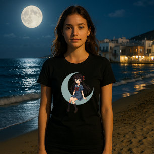 Camiseta Garota de Anime Sentada em uma Lua Crescente