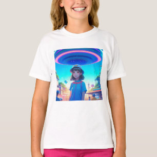Camiseta Garota de Anime sob um OVNI na Cidade