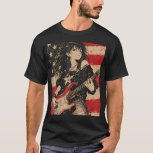 Camiseta Garota de Anime Tocando Violão 4 de Julho EUA