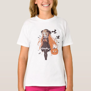 Camiseta Garota de Anime Vintage de Halloween com Morcegos