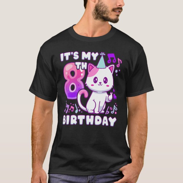 Camiseta Garota de aniversário de 8 anos, gatinha com pop c (Frente)
