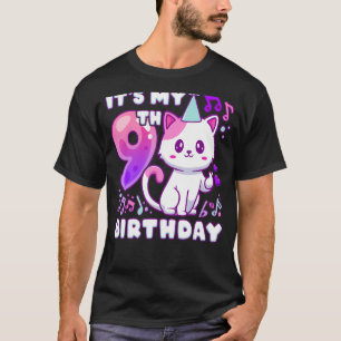 Camiseta Garota de aniversário de 9 anos, gatinho pop com d
