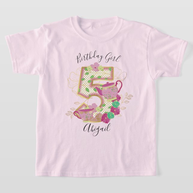 Camiseta Garota de aniversário de cinco festas de chá | Flo (Postura )