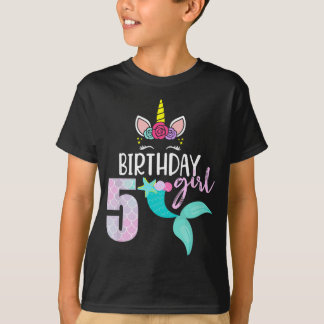 Camiseta Garota de Aniversário do 5 de Sereia Unicorn prese