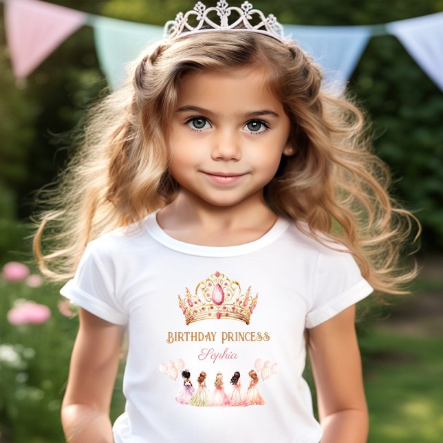 Camiseta Garota de aniversário Princesa Coroa Dourada Paste (Birthday Girl Princess Crown Pink Gold Pastel T-Shirt)