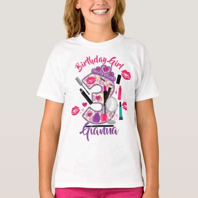 Camiseta Garota de Aniversário Três | Spa maquiagem | (Frente)
