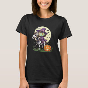 Camiseta Garota de Halloween Bruxa Montando Cavalo Esquelet