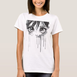 Camiseta Garota de Mangá com Olhar Encharcado de Tinta