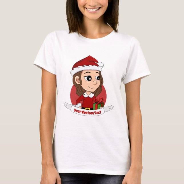 Camiseta Garota de Natal com cabelo ondulado castanho (Frente)