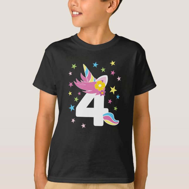 Camiseta Garota do 4º aniversário Unicórnio de 4 anos (Frente)