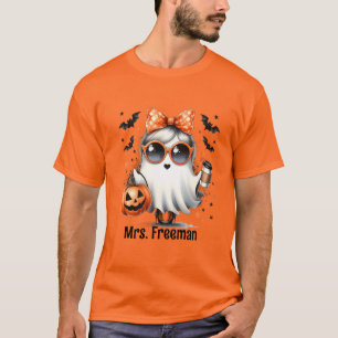 Camiseta Garota do Halloween Fantasma com Café e Abóbora