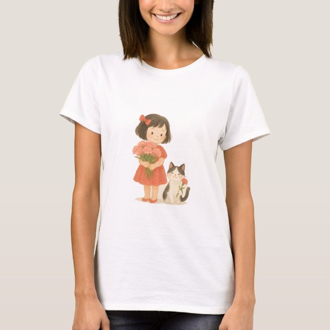 Camiseta Garota Doce com Cravos e Gato Sorridente (Frente)