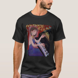Camiseta Garota em Estilo Anime Tocando Piano Música Elegan