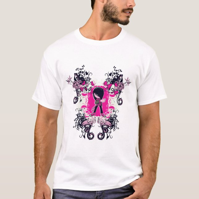 Camiseta garota emo sofisticada com redemoinhos de caveira  (Frente)