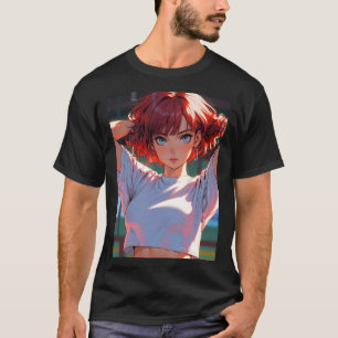Camiseta Garota Esportiva de Anime Retrô Cabelo Vermelho En
