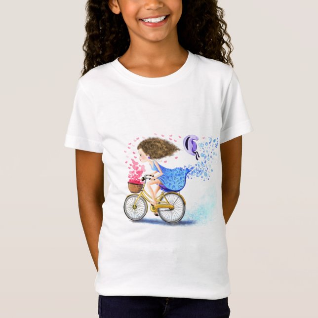 Camiseta Garota Feliz Em Uma Bicicleta - Corações Romântico (Frente)