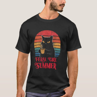 Camiseta Garota Feral Verão Gato e Amante de Café Design Mu