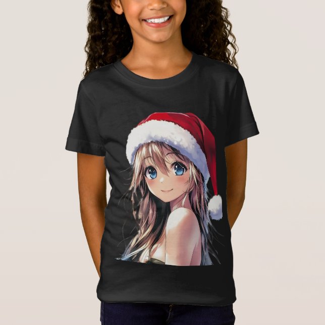 Camiseta Garota Festiva Santa Hat com Olhos Azuis Brilhante (Frente)