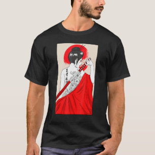 Camiseta Garota Geisha Espada Katana E Tatuagem De Flores J