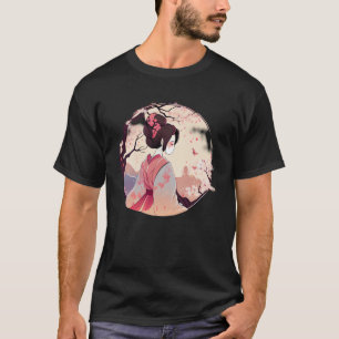 Camiseta Garota Geisha japonesa com flor de cereja em queda