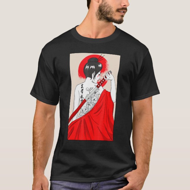 Camiseta Garota Geisha Katana Espada E Tatuagem De Fl Japon (Frente)
