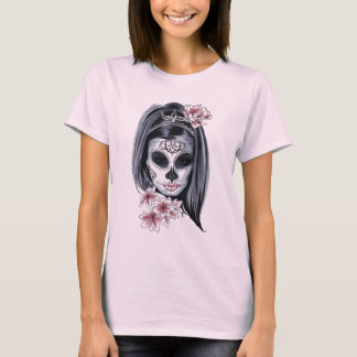 Camiseta Garota Hippie Caveira de Açúcar Rosa e Preta