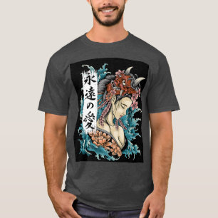 Camiseta Garota japonesa Geisha Kawaii com máscara oni (2)