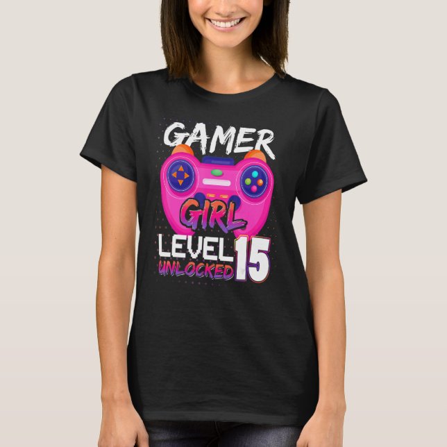 Camiseta Garota Jogadora Nível 15 Videos games Desbloqueado (Frente)
