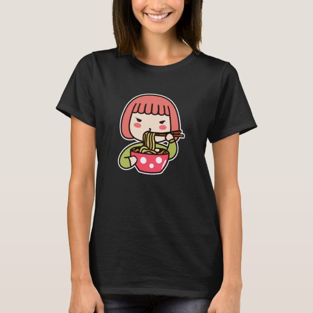Camiseta Garota Kawaii Caçada comendo Ramen (Frente)