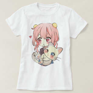 Camiseta Garota Kawaii de Anime com Gato Fofo