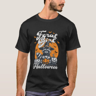 Camiseta Garota liberal Halloween Racoon Witch Pumpkins Bat