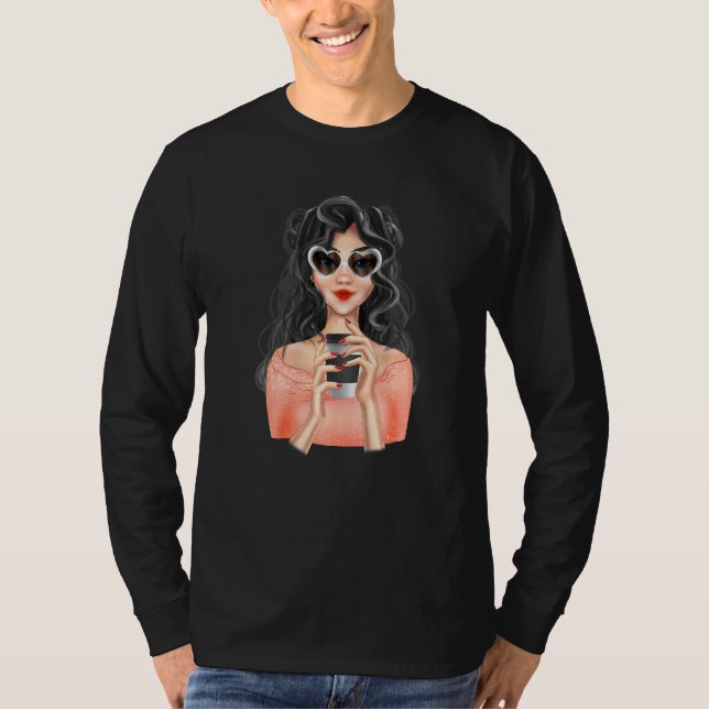 Camiseta Garota Loira da Moda Com Xícara de Café com Coraçã (Frente)