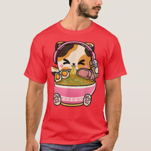 Camiseta Garota-Moça-Moça-Cega Kawaii Cat Neko Ramen Boba T