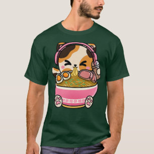 Camiseta Garota-Moça-Moça-Cega Kawaii Cat Neko Ramen Boba T