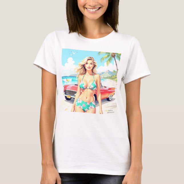 Camiseta Garota na praia com um carro clássico (Frente)