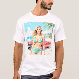 Camiseta Garota na praia com um carro clássico