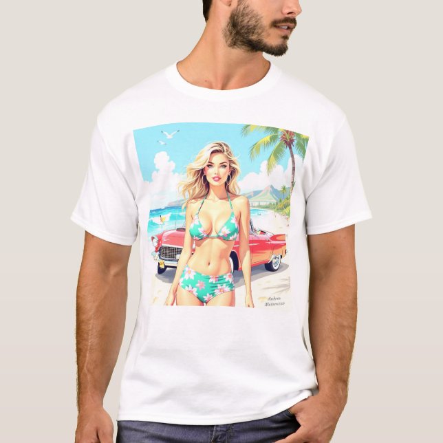Camiseta Garota na praia com um carro clássico (Frente)
