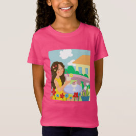 Camiseta garota na sacada no verão bebe um cocktai