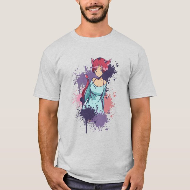 Camiseta Garota Neko Bonita - Garota de Gato de Cereja (Frente)