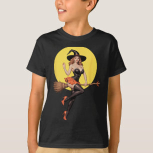 Camiseta Garota Pin-up da Bruxa de Halloween montada numa v