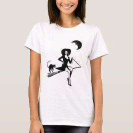 Camiseta Garota pinup retrô Bruxa montando vassoura Arte de