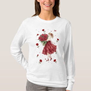 Camiseta Garota Romântica Fofa com Buquê de Rosas Vermelhas